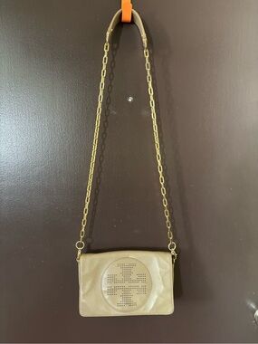 Tory Burch Perforated Logo Leather Crossbody in Beige